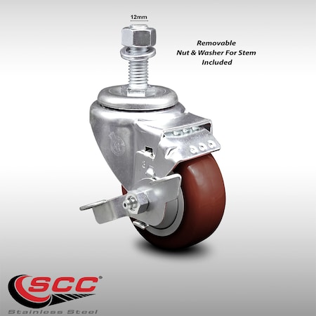 Service Caster 3.5 Inch SS Maroon Polyurethane Swivel 12mm Threaded Stem Caster Brake SCC SCC-SSTS20S3514-PPUB-MRN-TLB-M1215